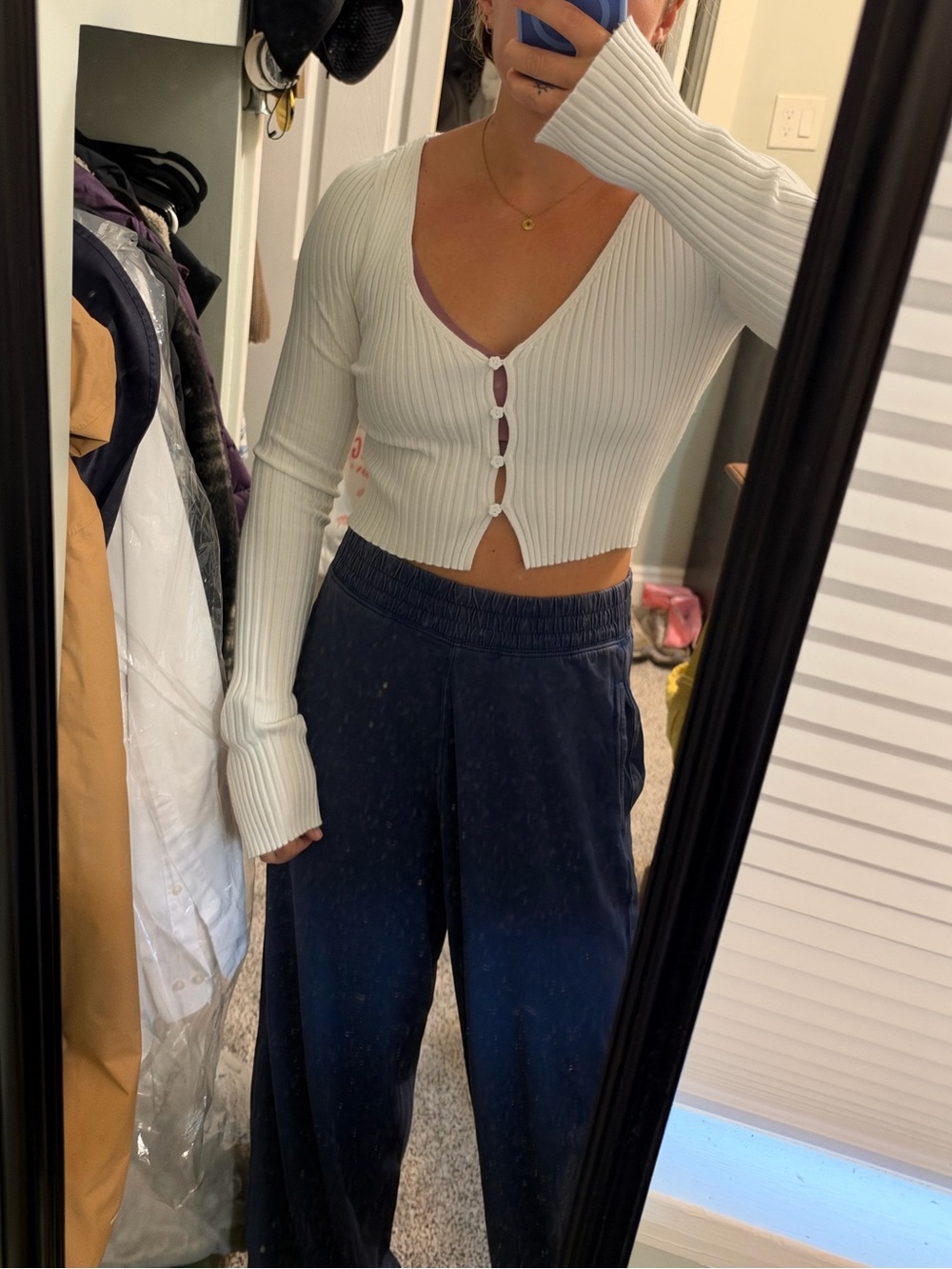 American Eagle Outfitters White Ribbed Button-Front Crop long sleeve top